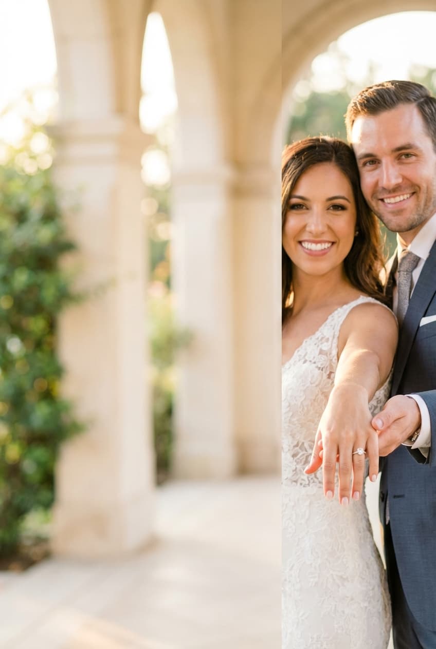 Šťastný zasnoubený pár ukazuje prsten