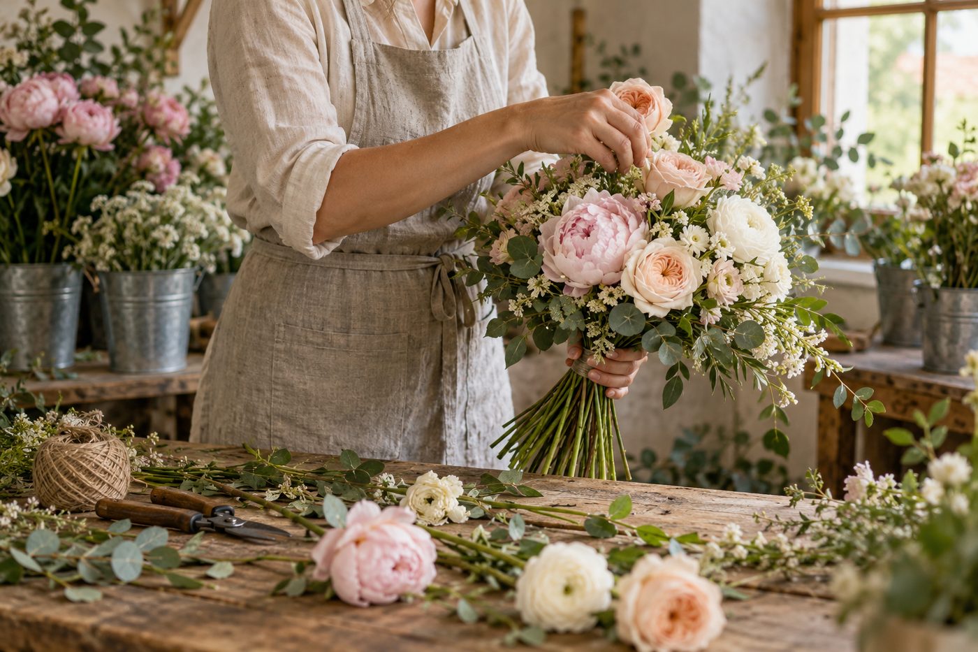 Floristka váže svatební kytici z pivoněk a růží na pracovním stole